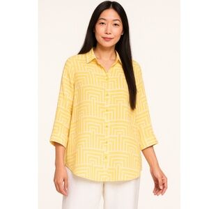 Chico's Women's Button Up Shirt 100% Linen No IRON Yellow White ¾ Sleeves Large